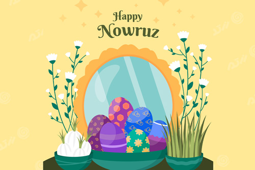 وکتور EPS و Ai لایه باز سفره هفت سین شامل آینه و سبزه و تخم مرغ رنگی و سیر ویژه عید نوروز